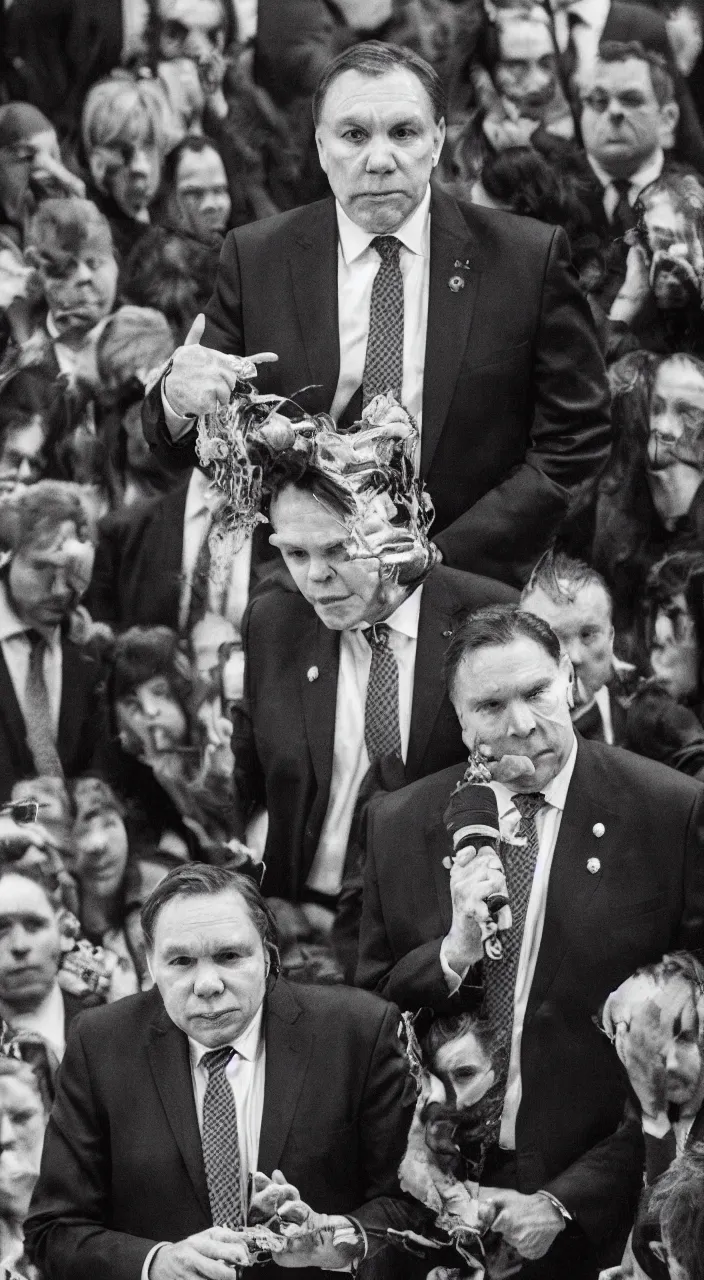 Prompt: francois legault in a suit, black metal album cover