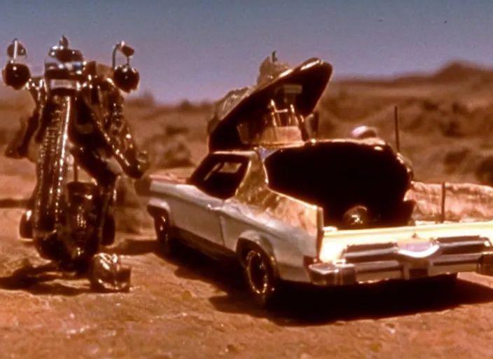 Prompt: El Camino scene from the 1979 science fiction film Muppet Mad Max