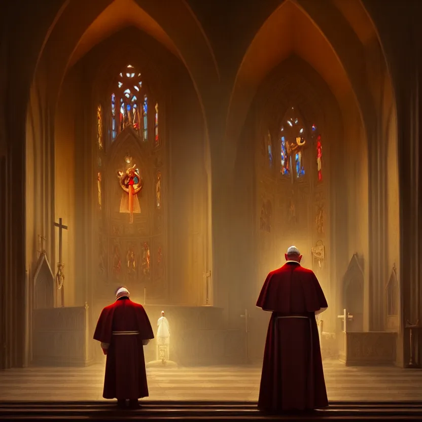 Image similar to pope standing in a curch, digital painting, greg rutkowski, artstation, cinematic, matte painting