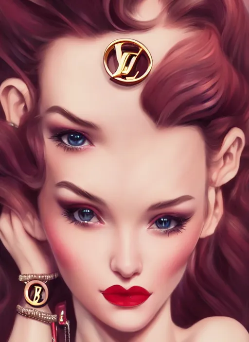 Image similar to a pin up and beautiful fashion dreamlke girl with lv jewelry, character art, art by artgerm, wlop, loish, hyperdetailed, 8 k realistic, symmetrical, global illumination, radiant light, frostbite 3 engine, cryengine, dof, trending on artstation, digital art, chanel, dior, detailed background