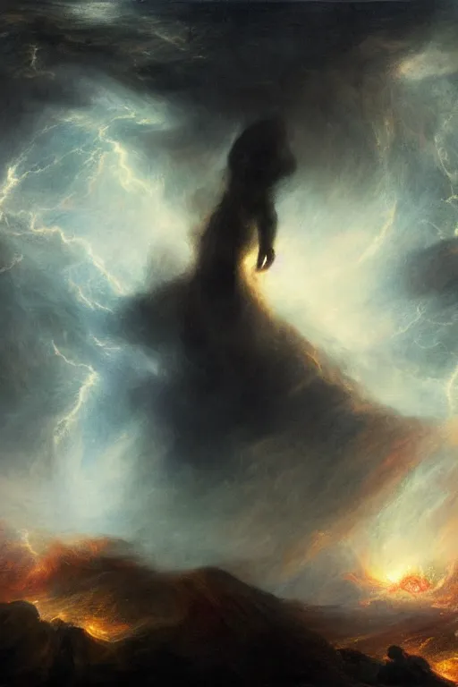 Image similar to a hulking human male silhouette in the darkness, his eyes glowing red, roiling stormclouds overhead,. atomospheric, artgerm, in the style of turner, high detail, 8 k resolution,