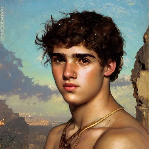 Image similar to portrait of 19 year old Antinous in ancient Greece, (SFW) safe for work, photo realistic illustration by greg rutkowski, thomas kindkade, alphonse mucha, loish, norman rockwell