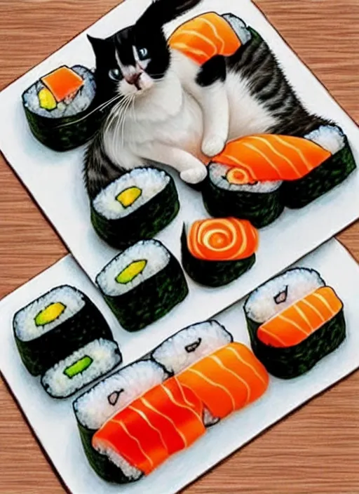 Image similar to clear photorealistic picture of adorable cats made out of sushi