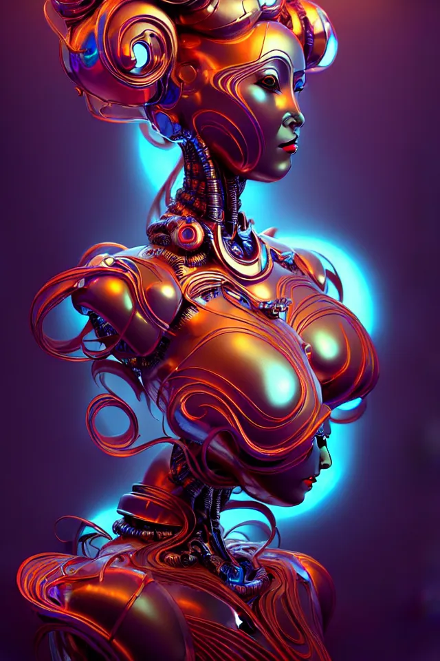 Image similar to robot empress, metal art nouveau swirls, subsurface scattering, in the style of james jean and tomasz alen kopera, mystical colors, rim light, beautiful lighting, 8 k, stunning scene, raytracing, octane render, trending on artstation