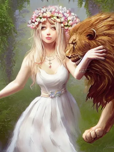 Prompt: a woman, wearing a cute white dress adorned with flowers, dominating a lion. intricate, elegant, highly detailed, digital painting, artstation, concept art, sharp focus, illustration, by justin gerard and artgerm, 8 k