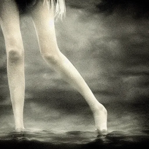 Image similar to monster with and bones for legs, pale skin, dark water, foggy water, dark, dramatic, big eyes, terrifying, cinematic