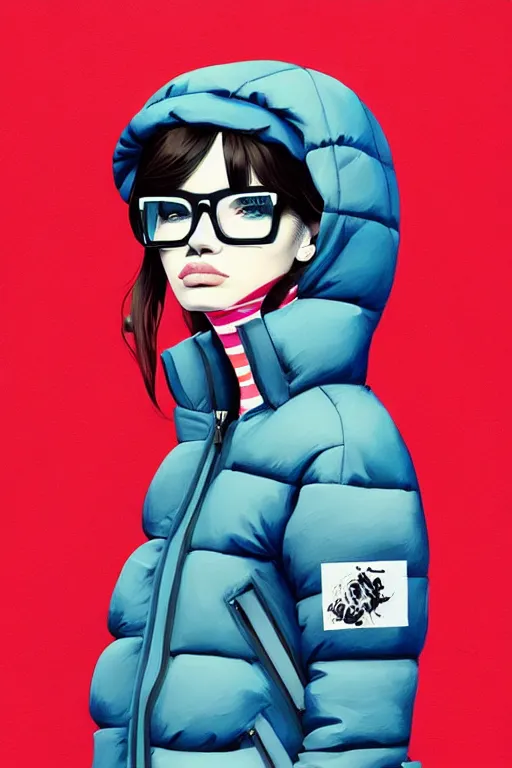 Image similar to a ultradetailed beautiful painting of a stylish woman wearing a puffer jacket, by conrad roset, greg rutkowsk and ilya kuvshinov trending on artstation