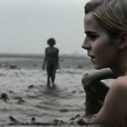 Image similar to film still, close up, emma watson rising out of muddy vietnam river, face covered in mud, low camera angle at water level, night time, film still from apocalypse now ( 1 9 7 9 ), 2 6 mm,