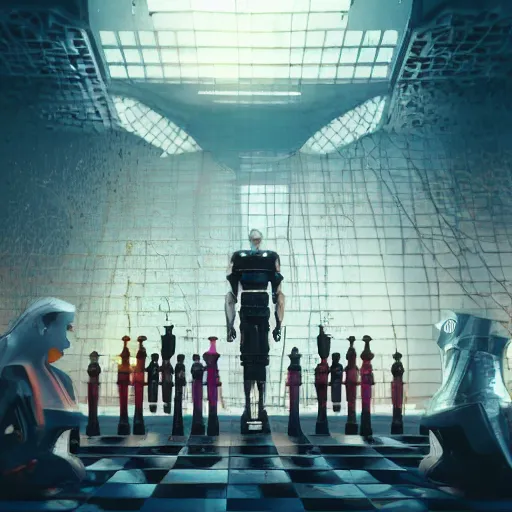 Image similar to a chess match between a beautiful cyborg from ex machina and a human chess player, highly detailed, intricate, sharp, futuristic, rendering by wlop, beeple, greg rutkowski