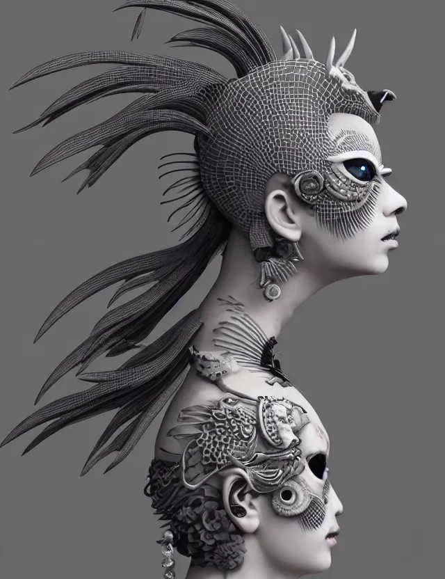 Image similar to 3 d goddess close - up profile simple portrait punk with mohawk with goat skull. beautiful intricately detailed japanese crow kitsune mask and clasical japanese kimono. betta fish, jellyfish phoenix, bio luminescent, plasma, ice, water, wind, creature, artwork by tooth wu and wlop and beeple and greg rutkowski