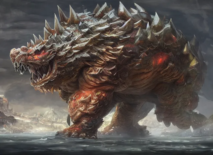 Image similar to detailed concept art of a huge giant bowser monster by cheng yi and luolin, artstation, artstationhd, detailed scales, large shell.