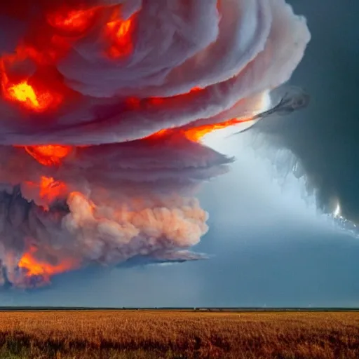 Prompt: Tornado of fire, fire clouds, ultimate tornado, flaming storm