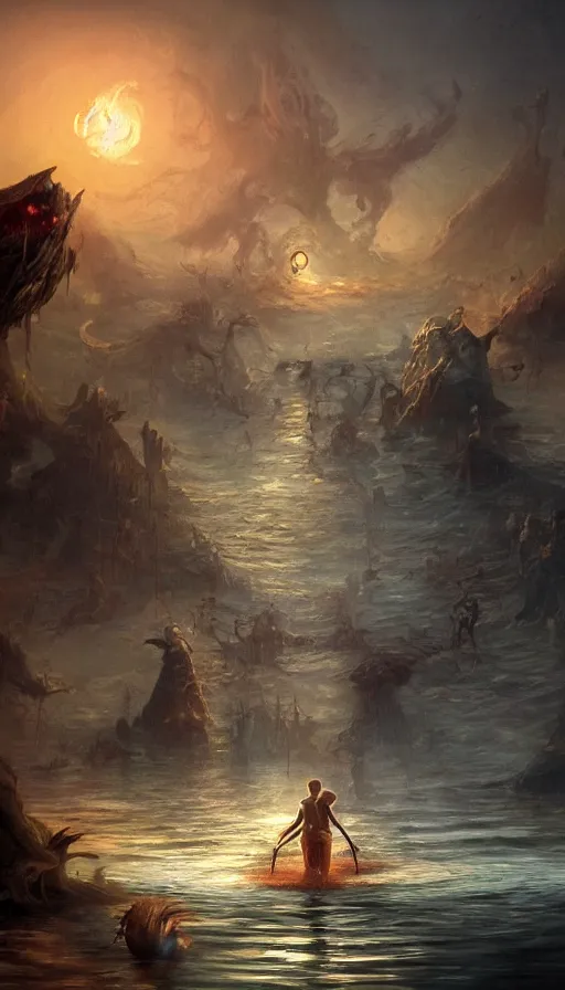 Prompt: man on boat crossing a body of water in hell with creatures in the water, sea of souls, by disney concept artists