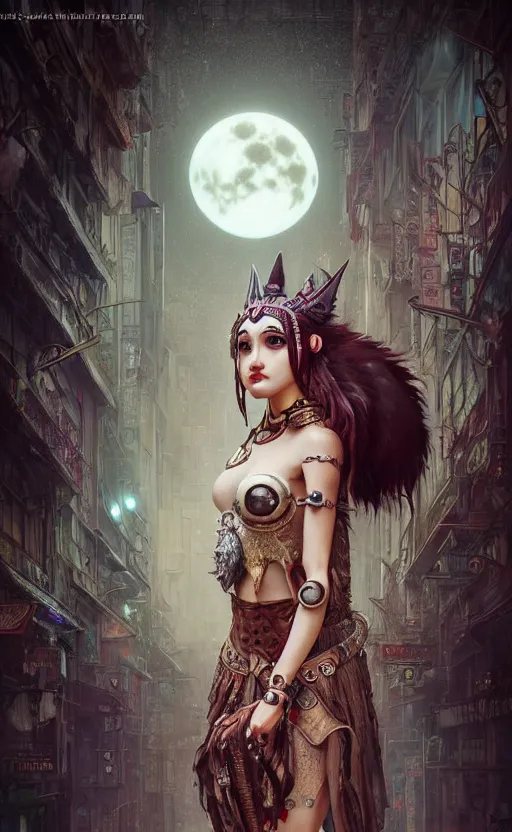 Prompt: hyper realistic Princess Mononoke, ornate mask magic, wet market street, cyberpunk metropolis, city landscape, jewels, full body pose, full moon, style of tom bagshaw, mucha, james gurney, norman rockwell, denoised, sharp