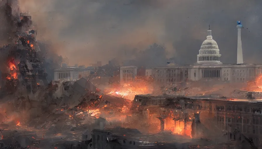 Prompt: destroyed washington dc with damaged buildings by james gurney, smoke, fire and ashes, hyperdetailed, artstation, cgsociety, 8 k