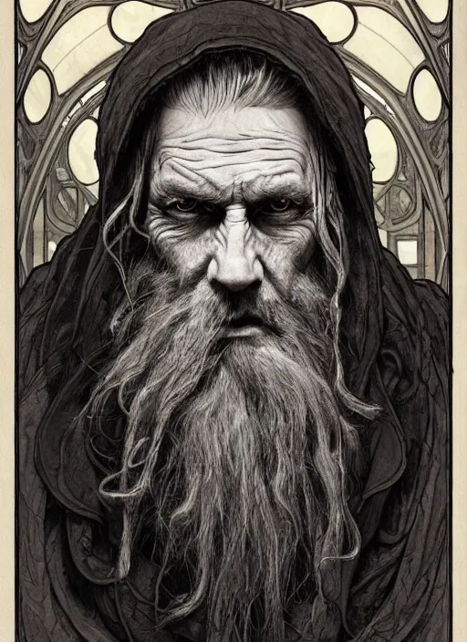 Image similar to portrait of a 6 0 year old giant man with long tangles of thinning gray hair and beard, one eye missing, wearing gray hooded cloak, hyper realistic face, two ravens above him, very low angle, fantasy art, in the style of greg rutkowski, intricate, alphonse mucha, hyper detailed, smooth