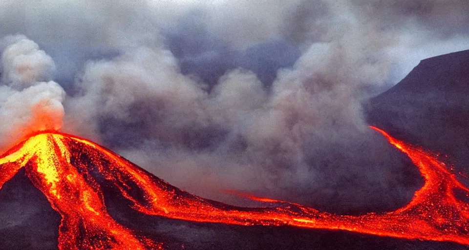 Image similar to a volcano made of ivory vines and crimson rocks enters in eruption, it spits a smoke in the shape of demonic eye, by Akira Toriyama