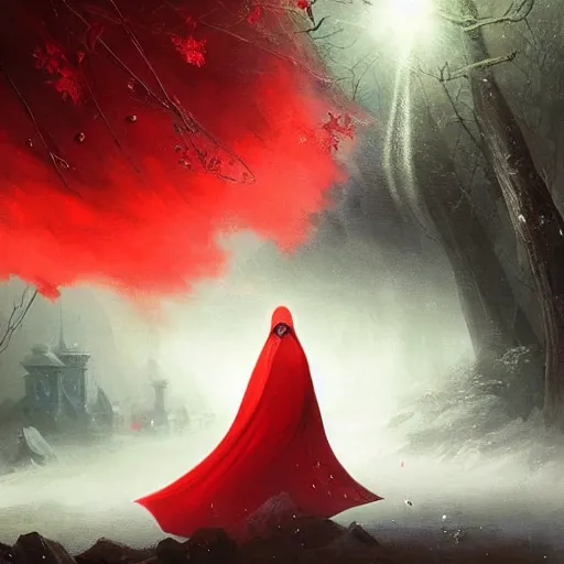 Image similar to ''cinematic shot'' red hooded mage ( spectre ) with leaves falling simetrical 8 k atmosferic realistic, green cape, holding a bell, made by ivan aivazovsky, peter mohrbacher, greg rutkowski volumetric light effect broad light oil painting painting fantasy art style sci - fi art style realism premium prints available artwork unreal engine