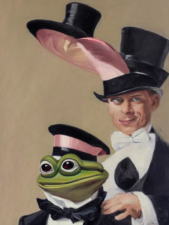 Image similar to pepe the frog at the royal ascot, wearing morning suit and top hat, excited watching the horse races, expressive painting by Joseph Christian Leyendecker