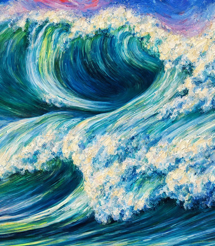 Prompt: an impasto oil painting of a beautiful barreling wave af pipeline in hawaii, traidic color scheme, high detail, breathtaking wave, modern art, abstract art, soft colors