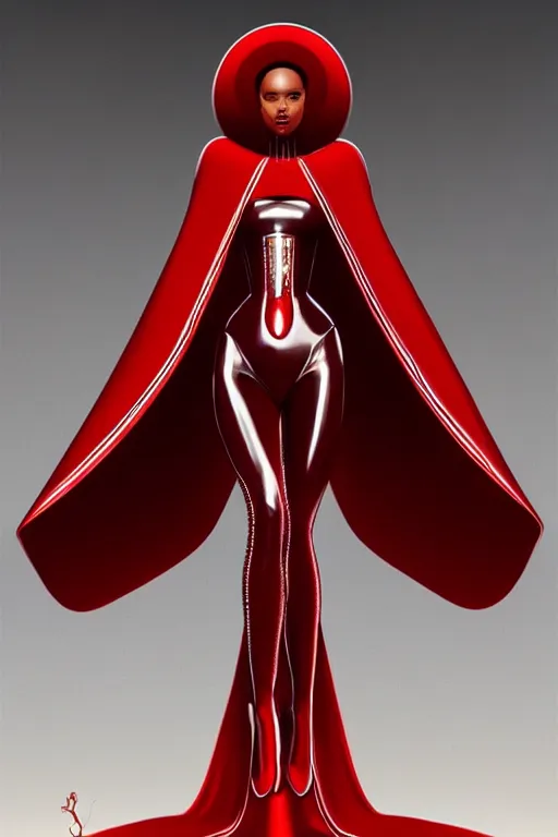 Prompt: detailed beautiful noun in opened white gold red coat, seductive confident pose, attractive feminine curves, intricate details, afrofuturism, futuristic, alien, elegant cape, elegant, photorealism, trending on artstation, holy halo, advanced technology, art by moebius and vitaly bulgarov and chanthara