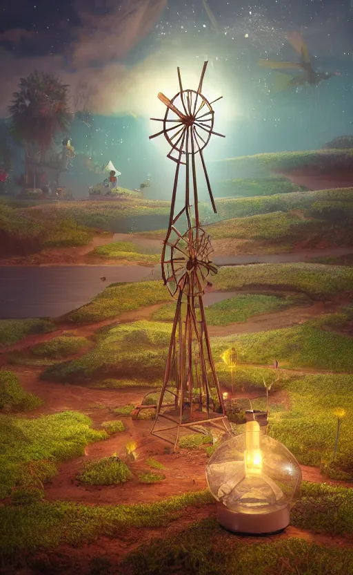 Image similar to tiny wooden windmill, floating, rbc, radiolaria, protophyta, micro - organisms, center frame, symmetric, rim light, marine microbiology, bioluminescence, electric, soft, concept art, intricate details, highly detailed, colorful, photorealistic, disney pixar, octane render, iridescent, anime, 8 k