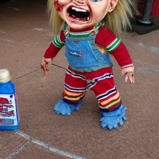 Prompt: chucky doll screaming!!!! at ice cream on the ground