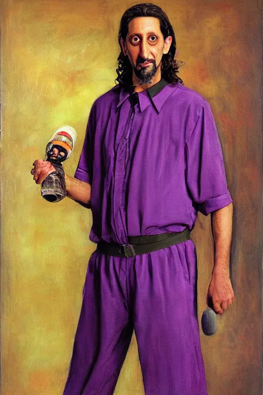 Image similar to Isaak Brodsky portrait painting of John Turturro as the Jesus from The big Lebowski, wearing purple felt bowling suit, realism