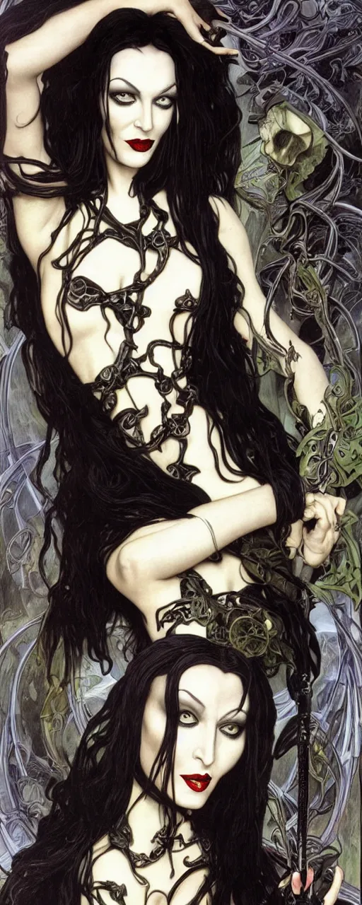 Prompt: striking sensual gorgeous thrash metal art nouveau portrait of morticia addams as a grindcore death metal rebel soldier by chris achilleos, giger, simon bisley and alphonse mucha, photorealism, extremely hyperdetailed, perfect symmetrical facial features, perfect anatomy, ornate declotage, excited expression, wild eyes