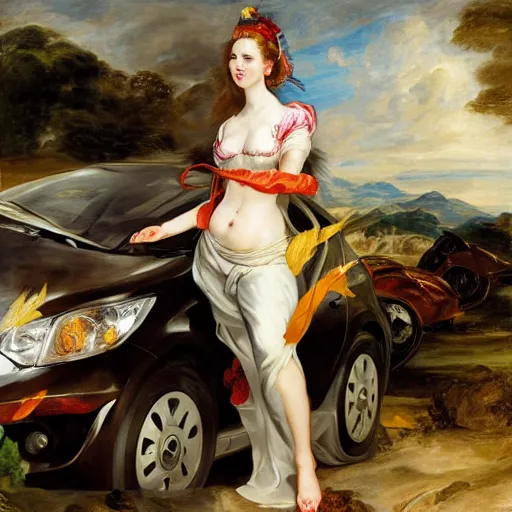 Image similar to heavenly summer sharp land sphere scallop well dressed lady standing next to a honda civic, auslese, by peter paul rubens and eugene delacroix and karol bak, hyperrealism, digital illustration, fauvist, standing next to a honda civic