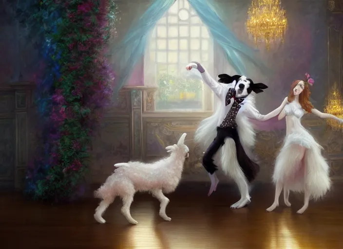 Image similar to wide shot painting of a male anthropomorphic border collie fursona dancing with a cute female anthropomorphic sheep fursona in a ballroom, beautiful, intricate, elegant, realistic proportions, highly detailed, scenic background, trending on artstation, art by charlie bowater and henry asencio and and ross tran