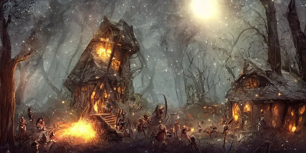 Prompt: house in the wood, around crowd of people with swords, lances and fireballs fighting against black cosmic werewolves jumping from portal from another universe, portal looks like a hole-mirror in the middle sky full of stars, a lot of tears and fear of dying, a lot of eyes wathing the action, epic scene, endless war, inspire by jakub rozalski, cinematic, monochrome, high contrast, like in museum, details, outlines, bright colors, 4k render, future rendering, fashion magazine effects, beautiful light