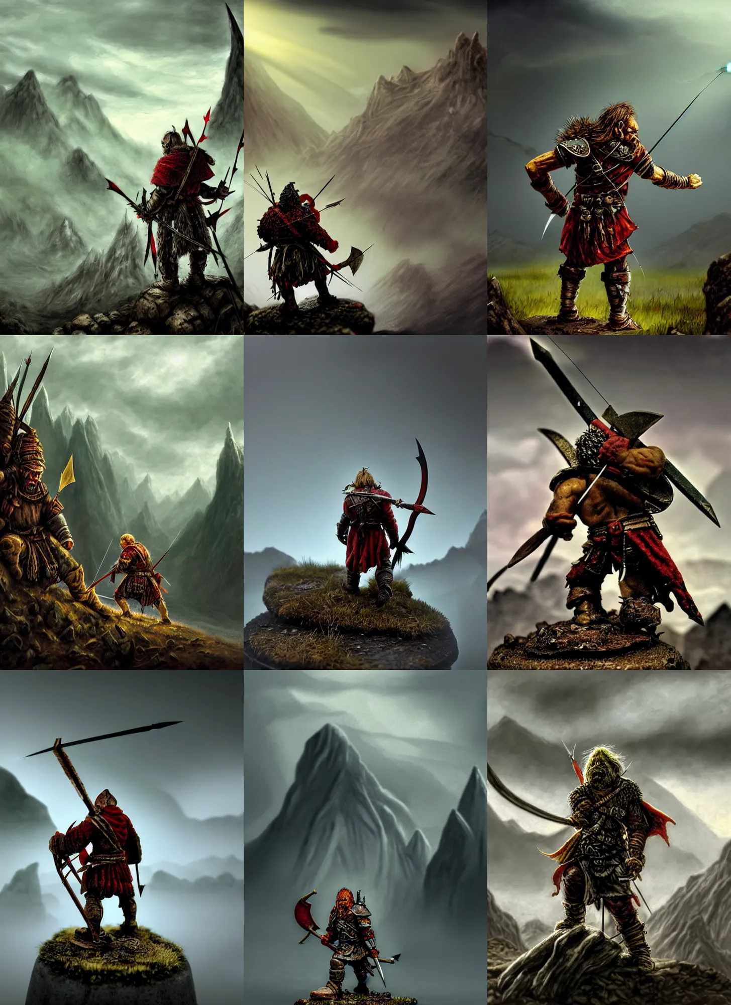 Image similar to lonely ork warrior struck by an arrow in the shoulder, bleeding, tired, desolated mountains in the distance, cloudy and atmospheric with a touch of sunlight coming through, realistic, tolkien world