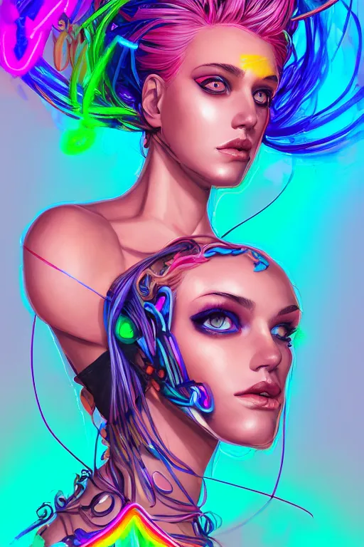 Prompt: a award winning portrait of a beautiful woman with stunning eyes in a one off shoulder croptop and cargo pants with rainbow colored hair, outlined by whirling illuminated neon lines and fine lines swirling in circles by jesper ejsing, digital art, trending on artstation