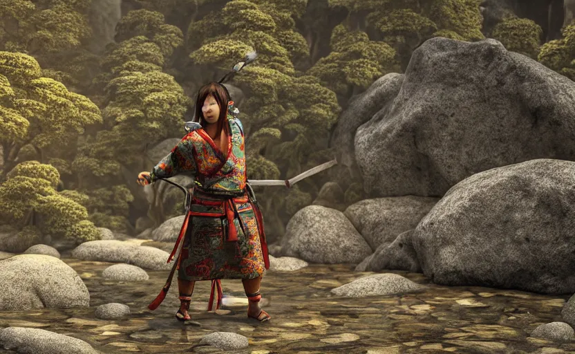 Image similar to highly detailed 3 d render of native japanese woman shinobi warrior standing in wet japanese village from sengoku period, surrounded by dense rock formations, high in mountains, blue night, cinematic lighting, raytracing, high contrast