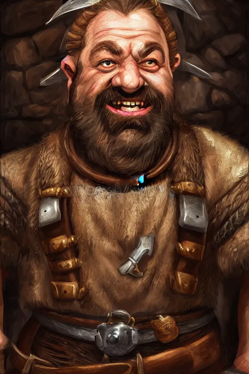 Image similar to head and shoulders portrait in a tavern of a dwarf adventurer, jovial, scarred lip, grandfatherly, leather armor, male, high fantasy, d & d, by hans zatka, face details, extremely detailed, digital illustration