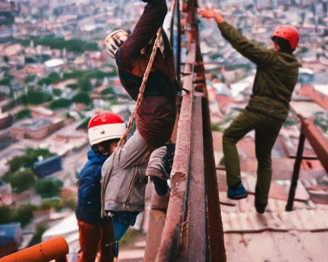 Image similar to lomo photo of roofjumpers climbing on roof of soviet hrushevka, small town, cinestill, bokeh, out of focus