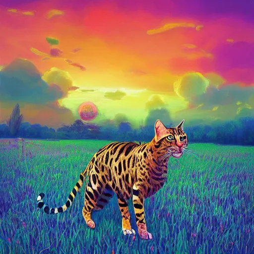 Image similar to a savannah bengal hybrid cat, surreal photography, flower field, beautiful sunset on a summer day light, impressionist painting, colorful clouds, blue sky, digital painting, artstation, simon stalenhag