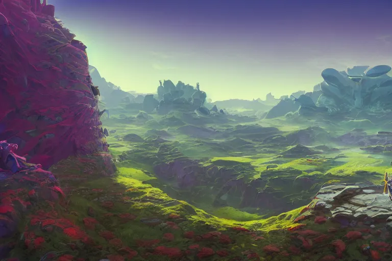 Prompt: first person perspective digital illustration of a Hyrule reimagined by indusgtrial light and magic:1|wide angle panoramic by beeple and Roger Dean, viewed from eye level:0.9|fantasy, horizontal symmetry, cinematic, architectural design by Frank Gehry:0.9|Unreal Engine, Octane, finalRender, devfiantArt, artstation, artstation HQ, behance, HD, 16k resolution:0.8