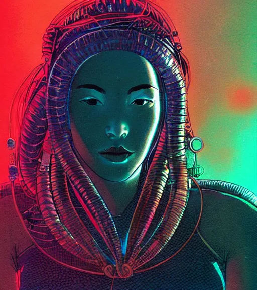 Image similar to a cyberpunk diver Polynesian woman swims through a dark bioluminescent alien coral reef, techwear, Industrial Scifi, detailed illustration, character portrait, by Martin Grip and Moebius