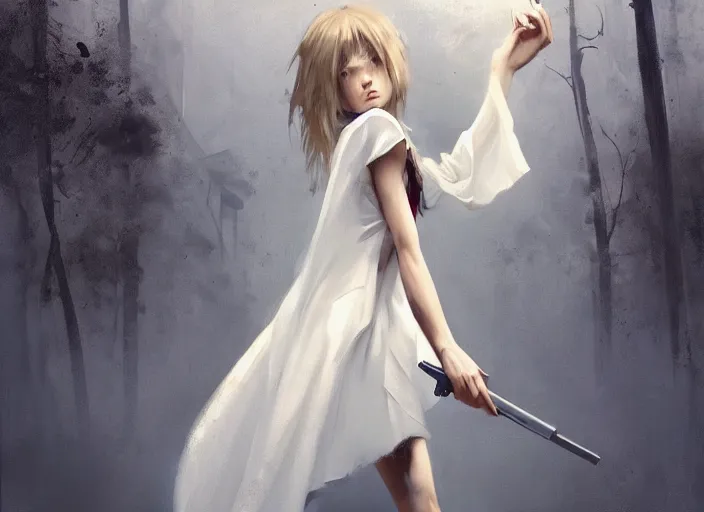 Image similar to white dress girl chasing from crazy grim reaper, holding a gun, messy hair, messy lines, scared face, beautiful and aesthetic and attractive, dramatic situation, specular reflection, occlusion shadow, intricate, bokeh, by ilya kuvshinov and jeremy lipking and quentin mabille