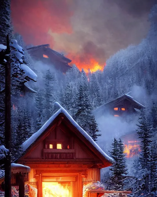 Image similar to mountain chalet covered in fire, smoke, sunrise, snow, sharp details, sharp focus, elegant, highly detailed, illustration, by Jordan Grimmer and greg rutkowski and PiNe(パイネ) and 薯子Imoko and 香川悠作 and wlop and maya takamura, intricate, beautiful, Trending artstation, pixiv, digital Art