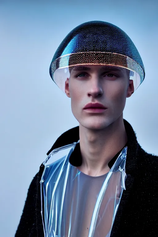 Image similar to an ultra high definition professional high fashion portrait studio full length photograph of a male model wearing a transparent pearlescent raincoat and neon visor in an icelandic black rock environment at dawn. no artefacts. extremely detailed. stark. refraction. shallow depth of field. volumetric light and shadow. ray tracing. light rays.