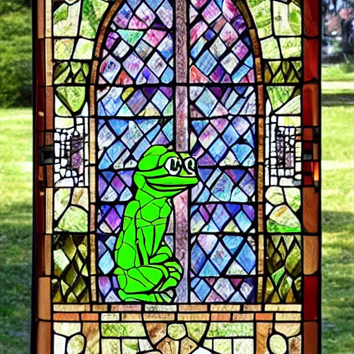 Prompt: pepe the frog church tinted windows mosaic Christian ultra decor flamboyant luxurious