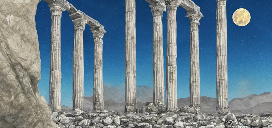 Image similar to The ruins of the Silver Millennium on the moon from Sailor Moon, digital painting, planet Earth in the distance, Greek-esque columns and ruins