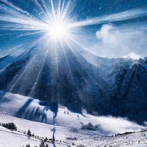 Prompt: snowfall over a beautiful mountain scene with sparse rays of sunshine