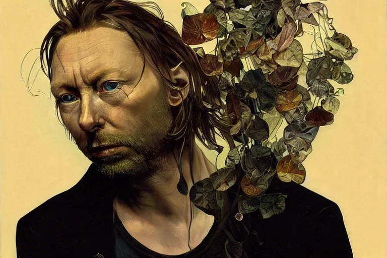 Image similar to hyper realistic portrait of wider face thom yorke on stage, by lee bermejo, alphonse mucha and greg rutkowski