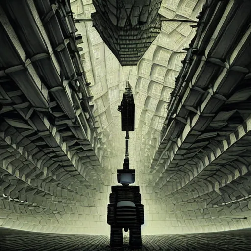 Image similar to man and robot standing at a architectural complex by Android Jones and M. C. Escher collaboration, futurist, digital art, dramatic lighting, symbolic