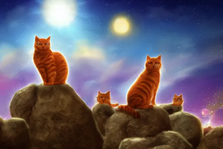 Image similar to cat standing on a rock in front of a crowd of cats, backlighting, digital art, trending on pixiv, fanart