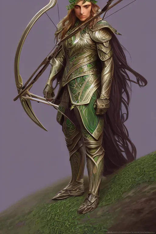 Image similar to male elven Archer armor made of green leaves, fantasy, amber eyes, face, long hair, intricate, elegant, highly detailed, digital painting, artstation, concept art, smooth, sharp focus, illustration, art by artgerm and greg rutkowski and alphonse mucha